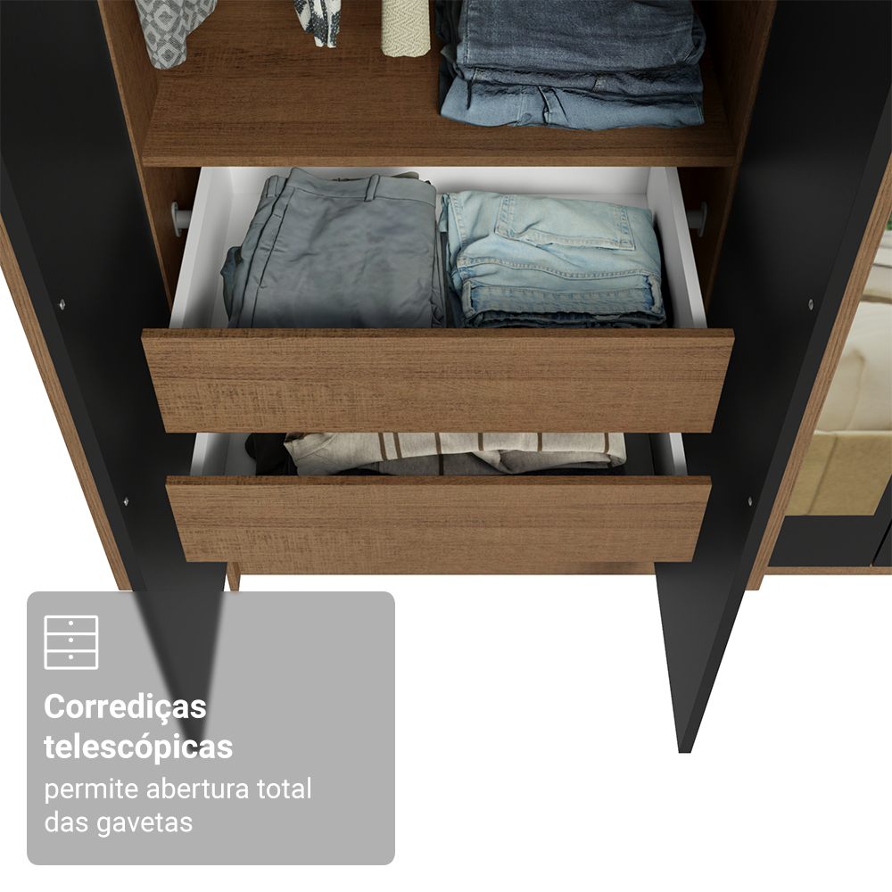 Guarda-Roupa Solteiro 4 Portas Batentes com Espelho Rustic/Preto/Rustic Venus Madesa
