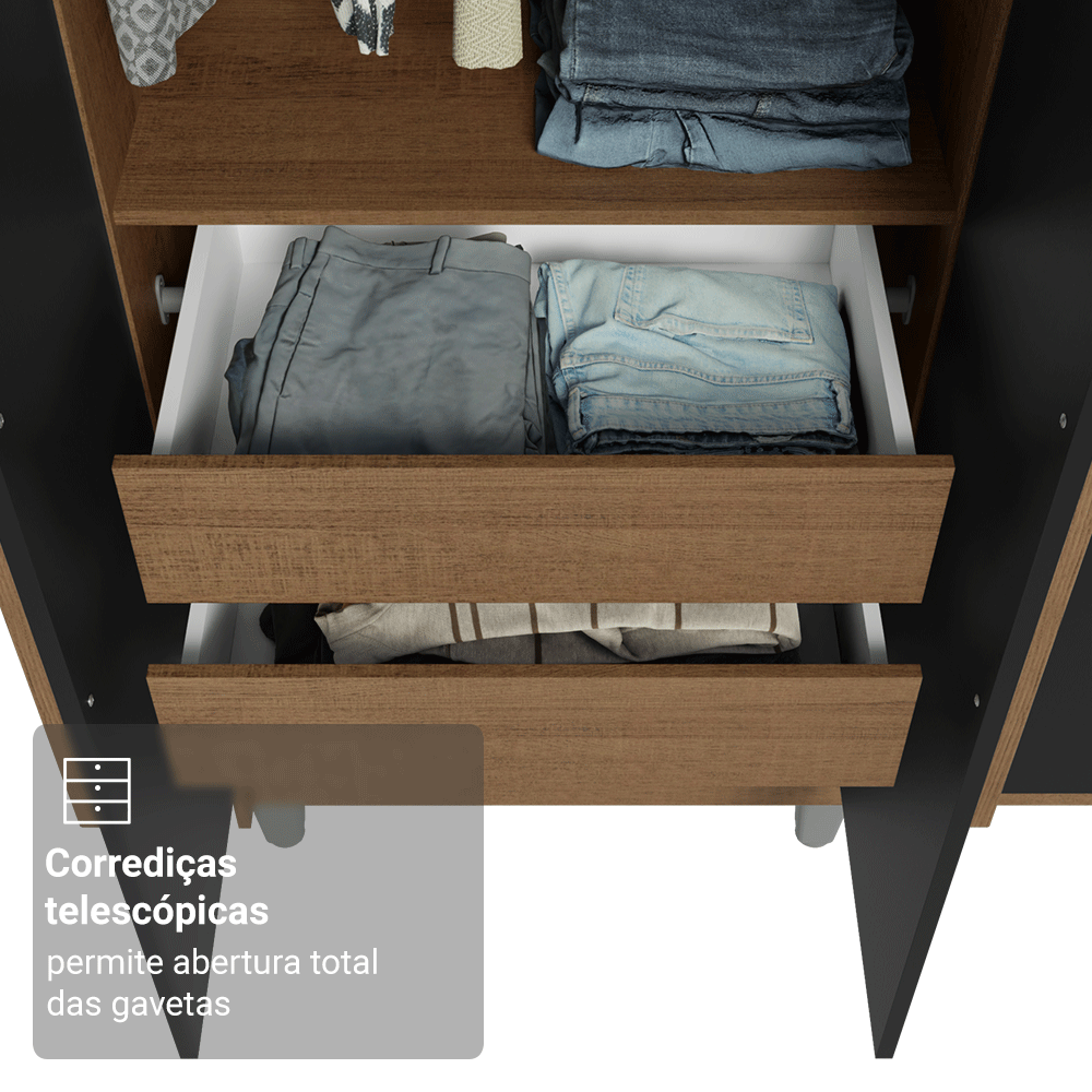 Guarda-Roupa Solteiro com Pés 4 Portas Batentes Rustic/Preto/Rustic Venus Madesa