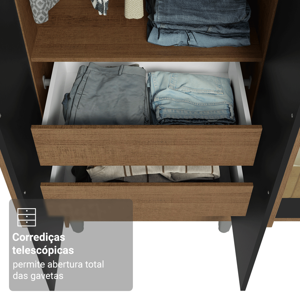 Guarda-Roupa Solteiro com Pés 4 Portas Batentes com Espelhos Rustic/Preto/Rustic Venus Madesa