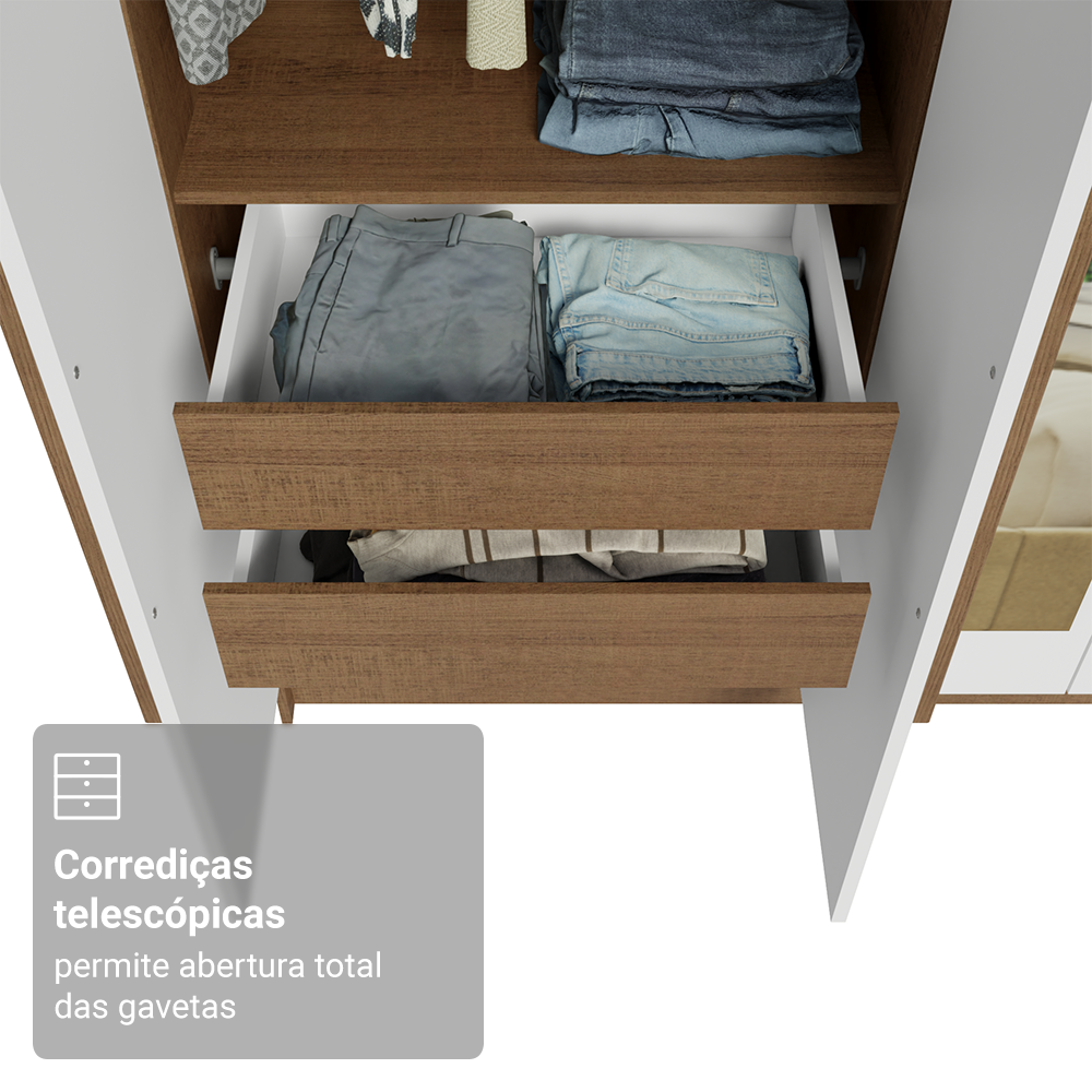 Guarda-Roupa Solteiro 4 Portas Batentes com Espelho Rustic/Branco/Rustic Venus Madesa