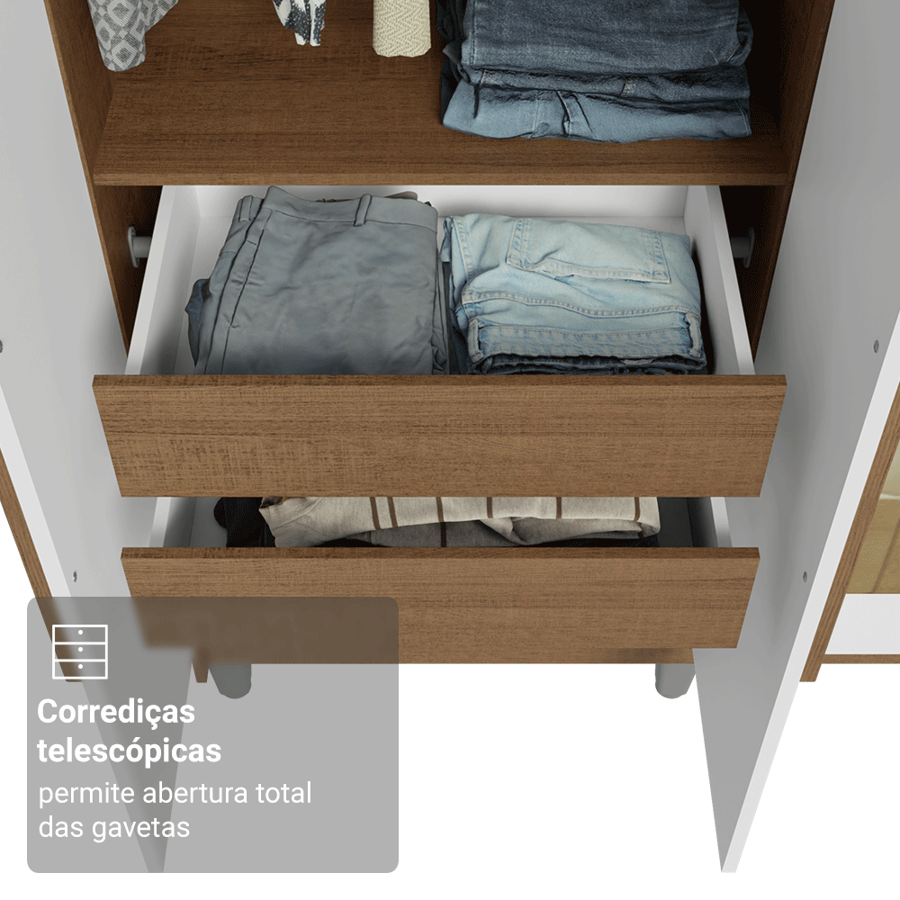 Guarda-Roupa Solteiro com Pés 4 Portas Batentes com Espelho Rustic/Branco/Rustic Venus Madesa