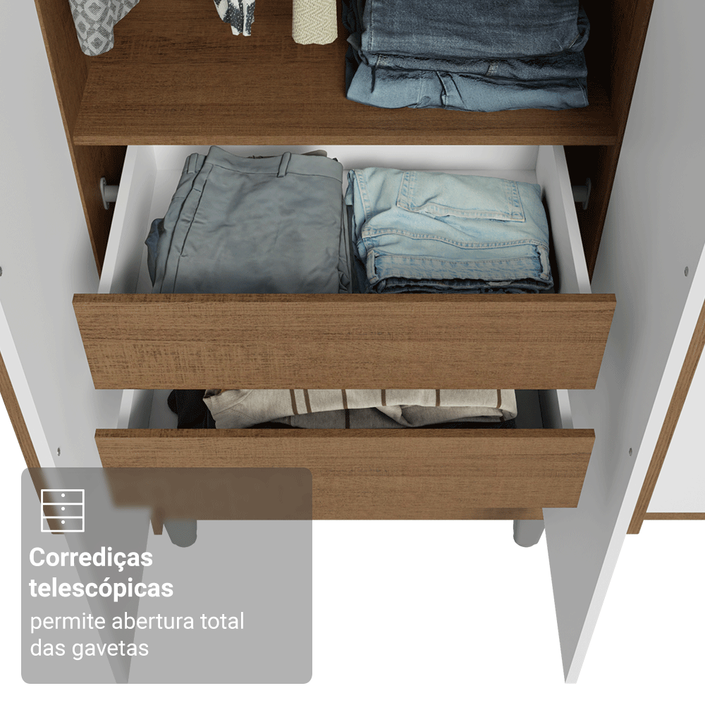 Guarda-Roupa Solteiro com Pés 4 Portas Batentes Rustic/Branco/Rustic Venus Madesa