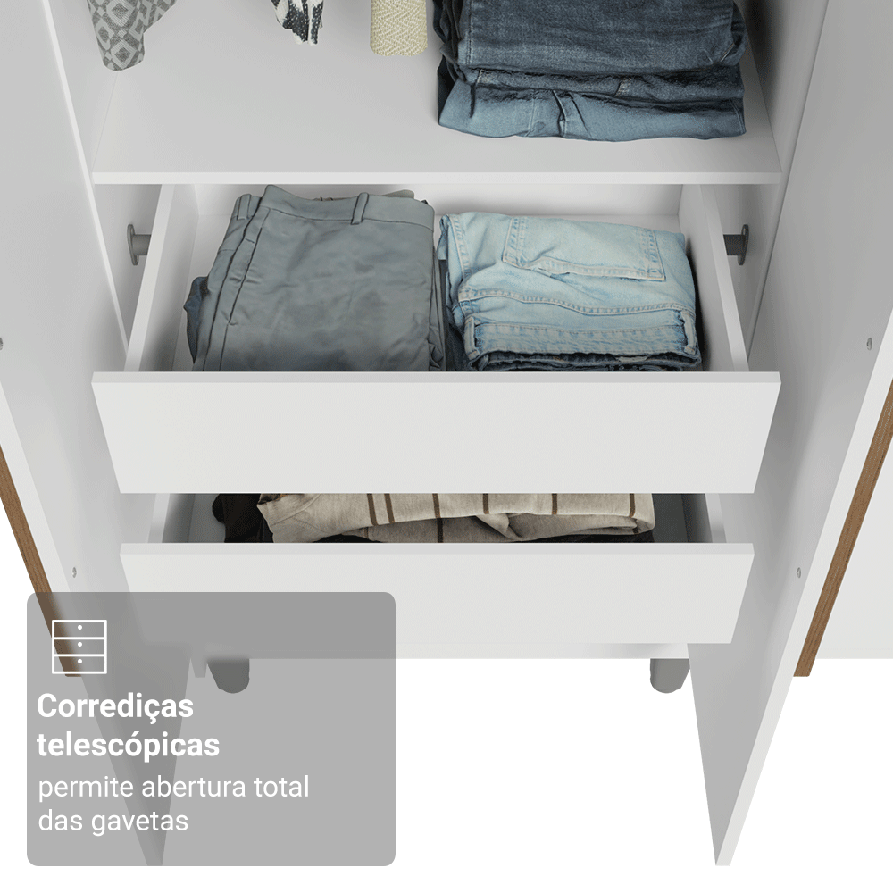 Guarda-Roupa Solteiro com Pés 4 Portas Batentes Branco/Branco/Rustic Venus Madesa