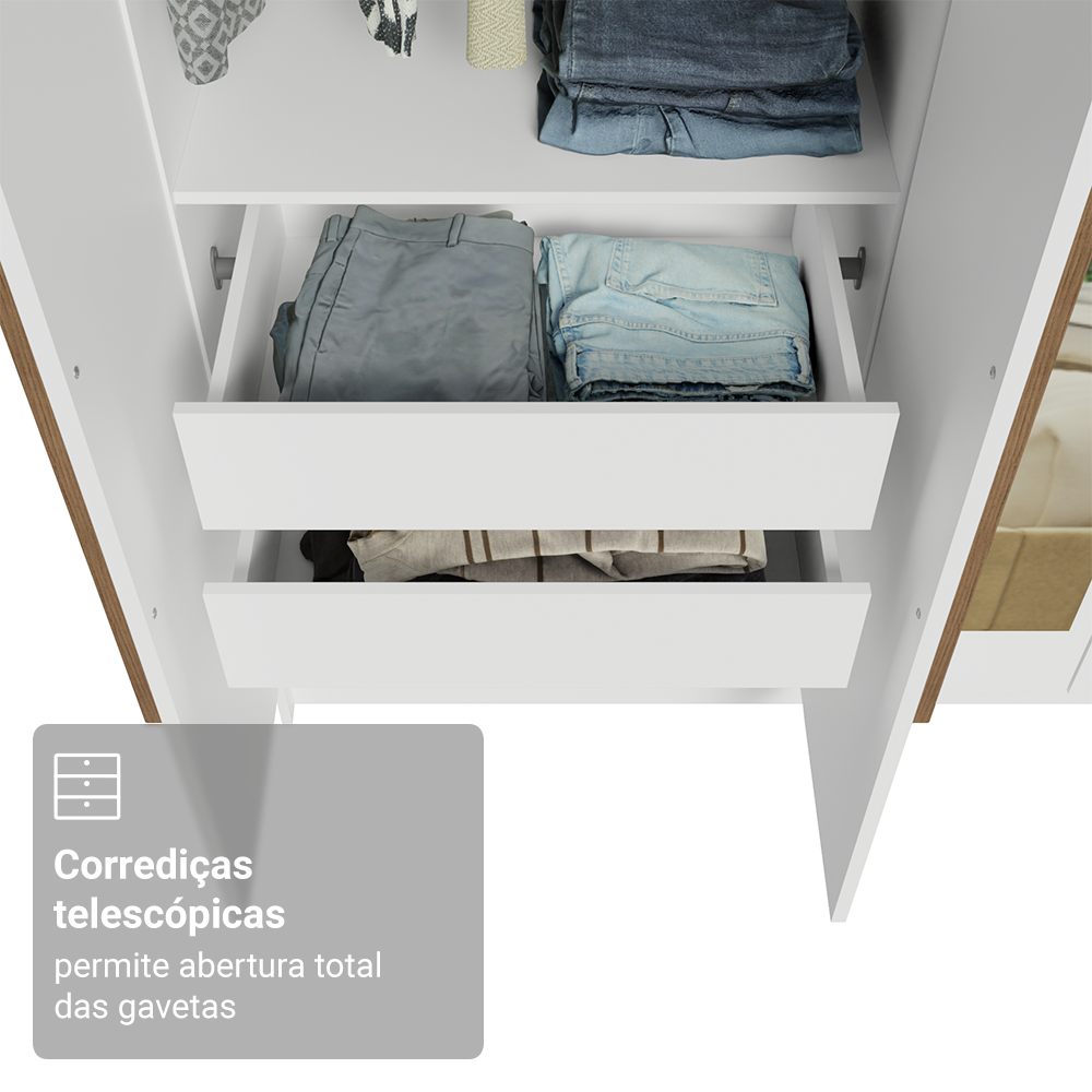 Guarda-Roupa Solteiro 4 Portas Batentes com Espelhos Branco/Branco/Rustic Venus Madesa