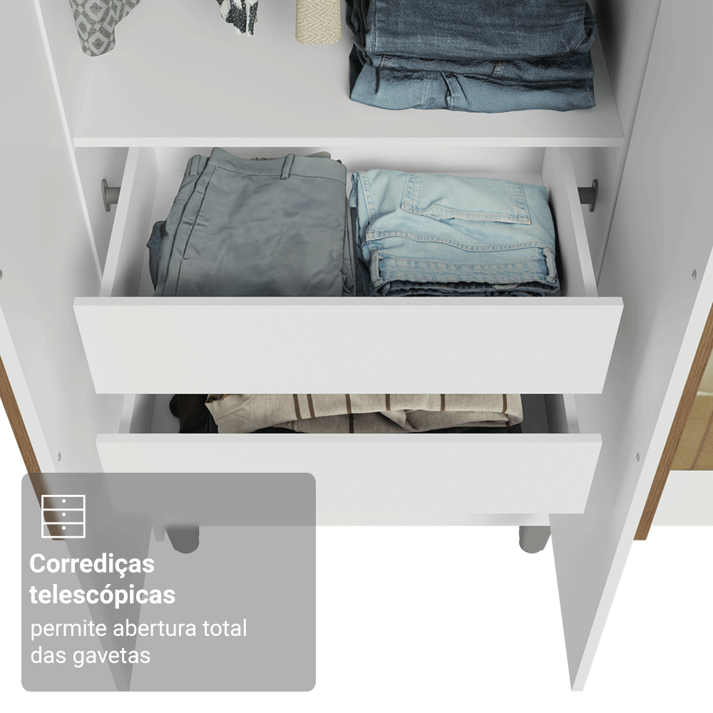 Guarda-Roupa Solteiro com Pés 4 Portas Batentes com Espelhos Branco/Branco/Rustic Venus Madesa