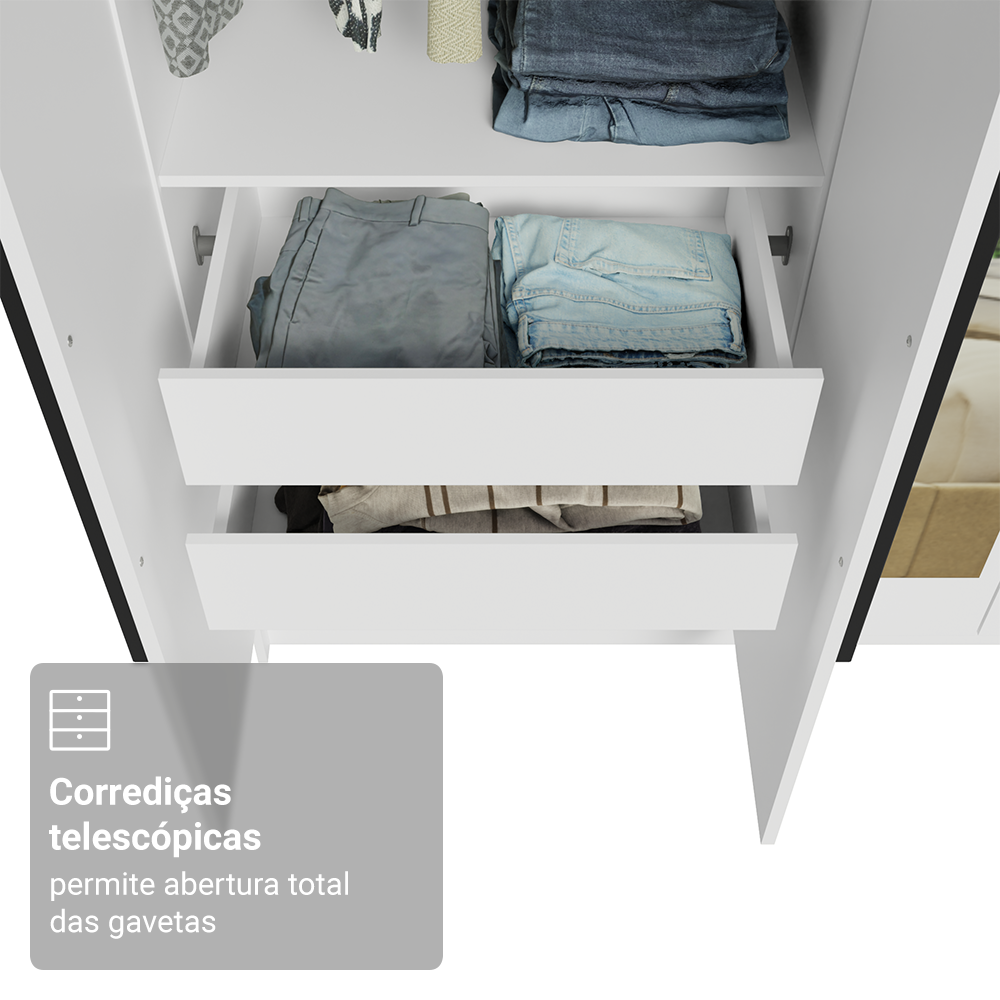 Guarda-Roupa Solteiro 4 Portas Batentes com Espelho Branco/Branco/Preto Venus Madesa