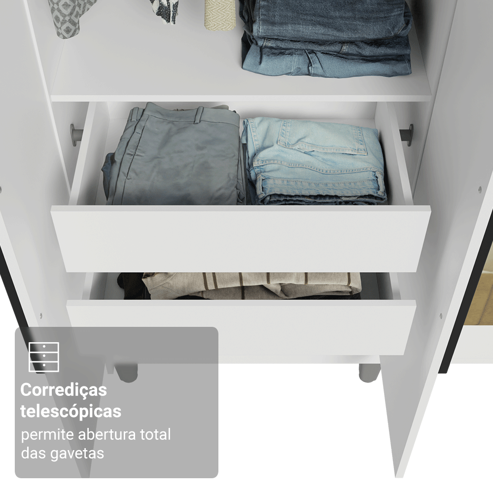 Guarda-Roupa Solteiro com Pés 4 Portas Batentes com Espelho Branco/Branco/Preto Venus Madesa