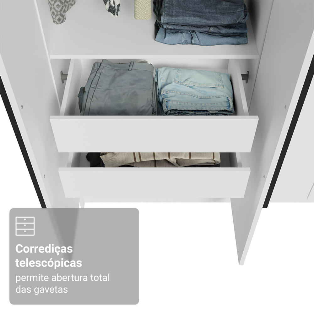 Guarda-Roupa Solteiro 4 Portas Batentes Branco/Branco/Preto Venus Madesa