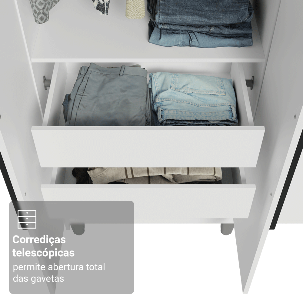 Guarda-Roupa Solteiro com Pés 4 Portas Batentes Branco/Branco/Preto Venus Madesa
