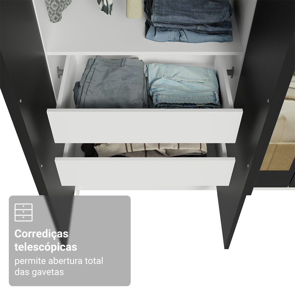 Guarda-Roupa Solteiro 4 Portas Batentes com Espelho Branco/Preto/Preto Venus Madesa