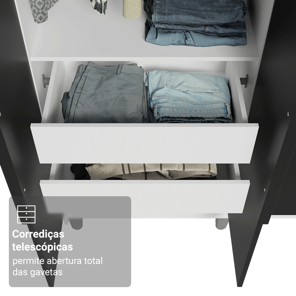 Guarda-Roupa Solteiro com Pés 4 Portas Batentes Branco/Preto/Preto Venus Madesa