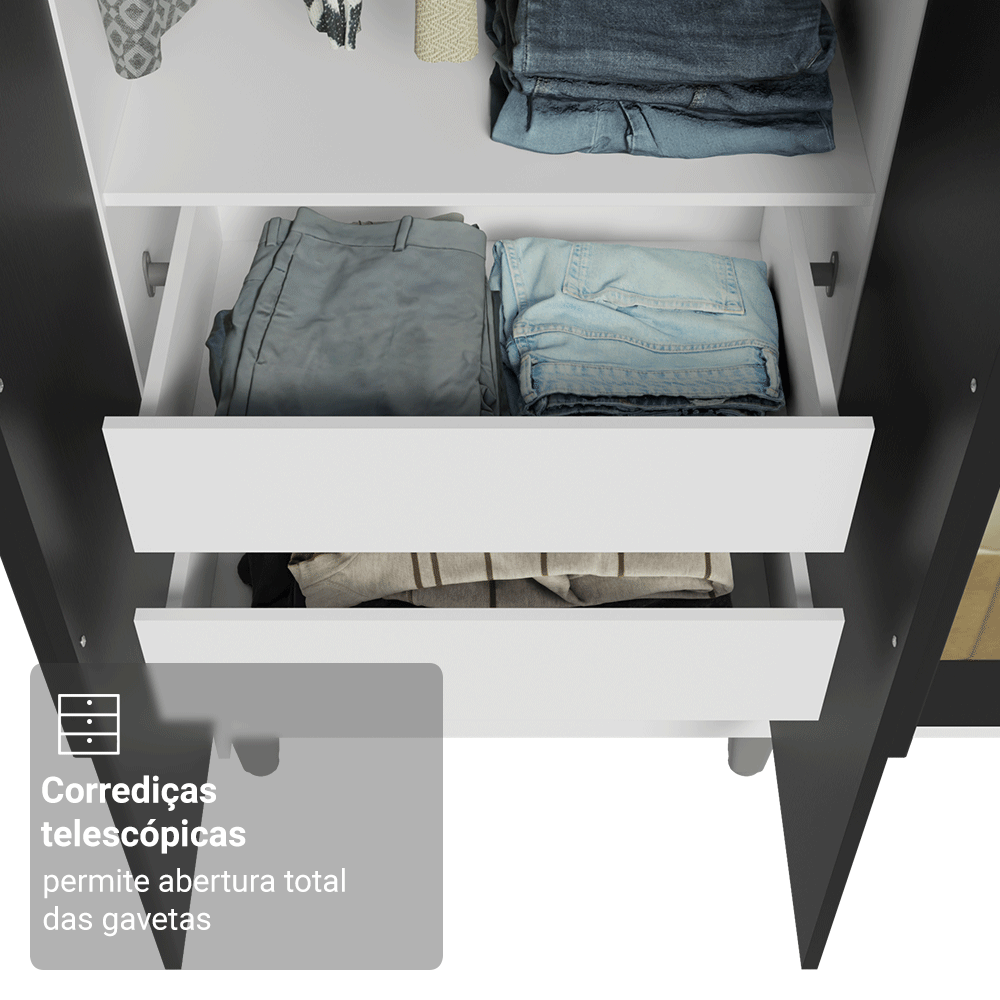 Guarda-Roupa Solteiro 4 Portas Batentes com Espelhos Branco/Preto/Preto Venus Madesa