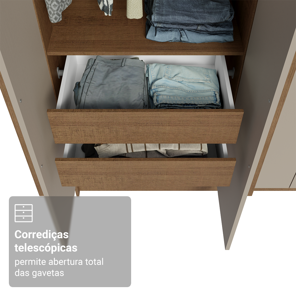 Guarda-Roupa Solteiro 4 Portas Batentes Rustic/Crema/Rustic Venus Madesa