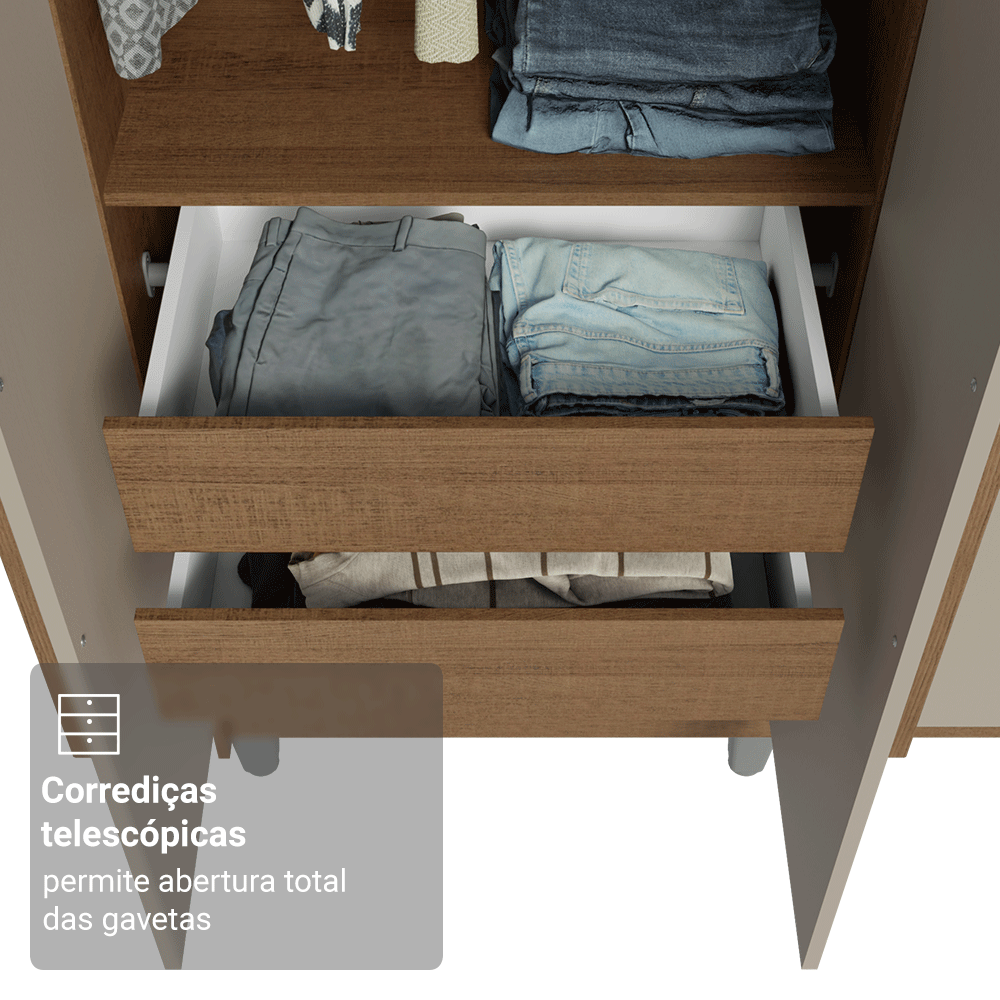 Guarda-Roupa Solteiro com Pés 4 Portas Batentes Rustic/Crema/Rustic Venus Madesa