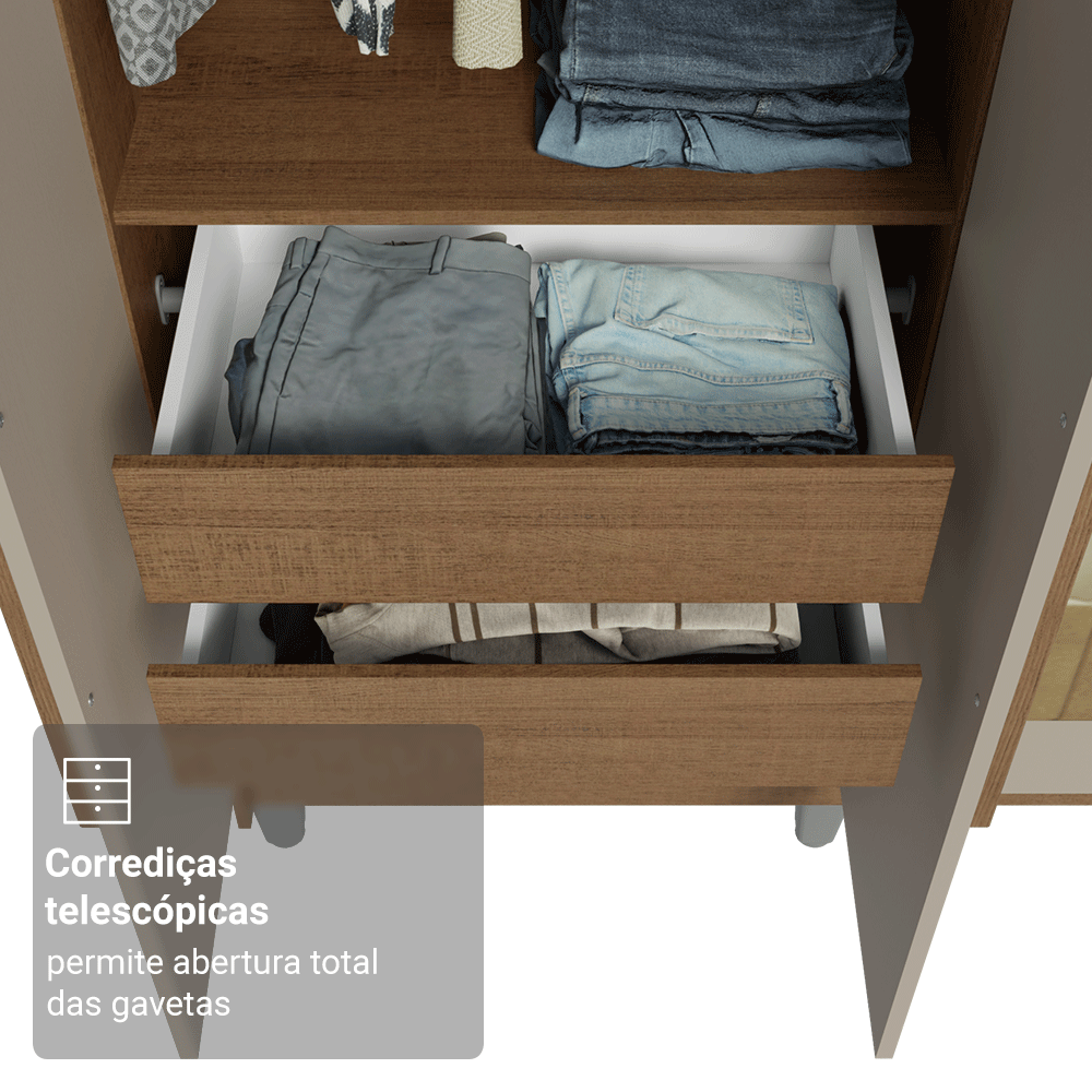Guarda-Roupa Solteiro com Pés 4 Portas Batentes com Espelhos Rustic/Crema/Rustic Venus Madesa