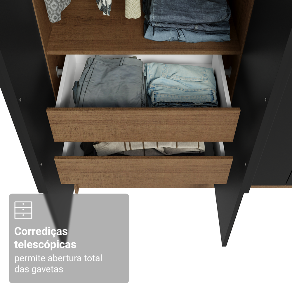 Guarda-Roupa Solteiro 4 Portas Batentes Rustic/Preto/Preto Venus Madesa