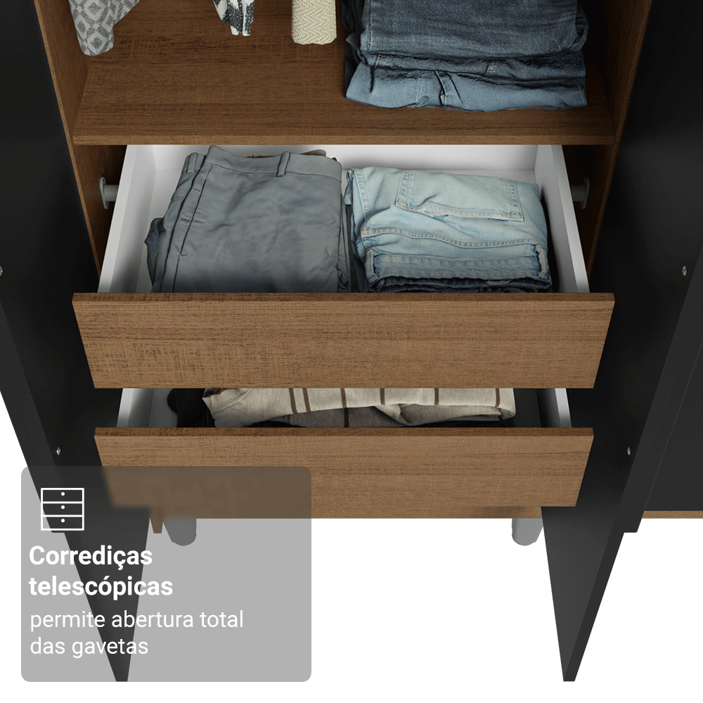 Guarda-Roupa Solteiro com Pés 4 Portas Batentes Rustic/Preto/Preto Venus Madesa