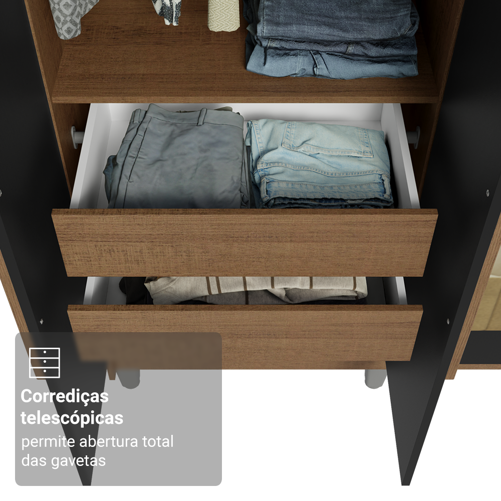 Guarda-Roupa Casal com Pés 6 Portas Batentes com Espelho Rustic/Preto/Rustic Venus Madesa