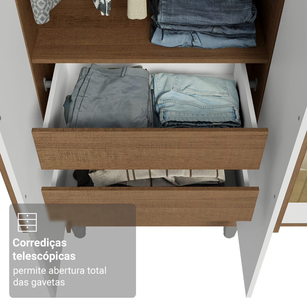 Guarda-Roupa Casal com Pés 6 Portas Batentes com Espelho Rustic/Branco/Rustic Venus Madesa