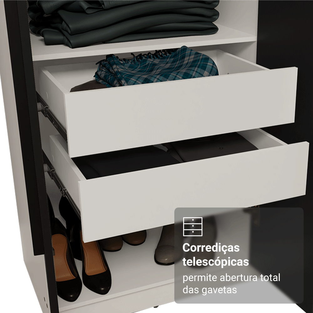 Guarda-Roupa Casal 6 Portas Batentes com Espelho Branco/Preto/Preto Venus Madesa