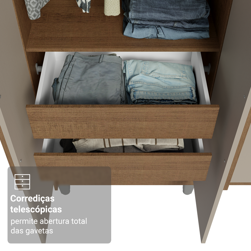 Guarda-Roupa Casal com Pés 6 Portas Batentes Rustic/Crema/Rustic Venus Madesa