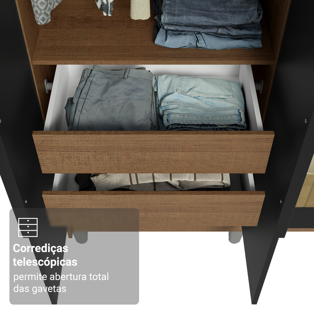 Guarda-Roupa Casal com Pés 6 Portas Batentes com Espelho Rustic/Preto/Preto Venus Madesa