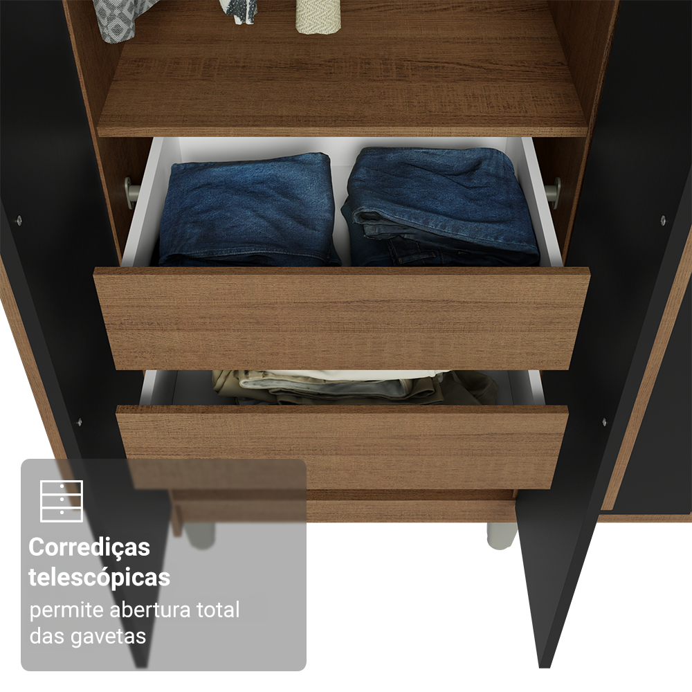 Guarda-Roupa Casal com Pés 8 Portas Batentes Rustic/Preto/Rustic Venus Madesa