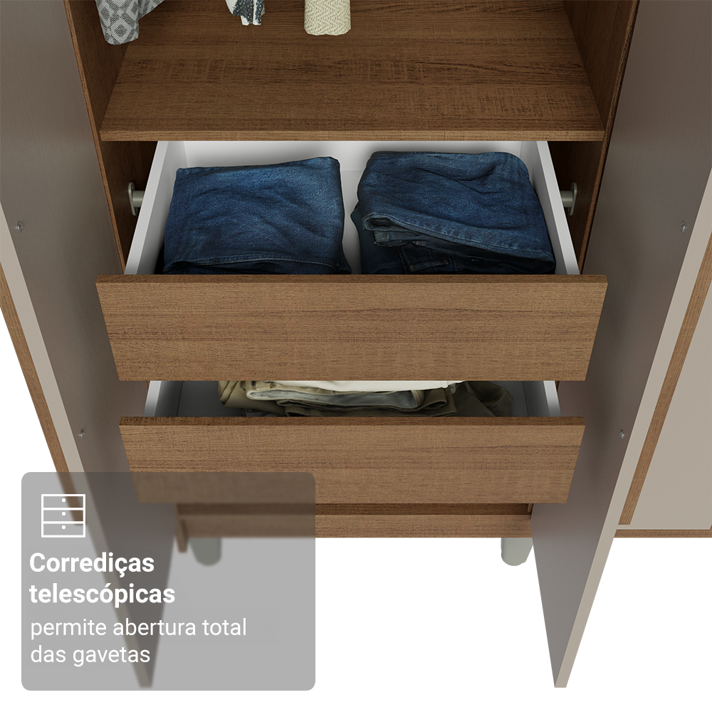 Guarda-Roupa Casal com Pés 8 Portas Batentes com Espelho Rustic/Crema/Rustic Venus Madesa