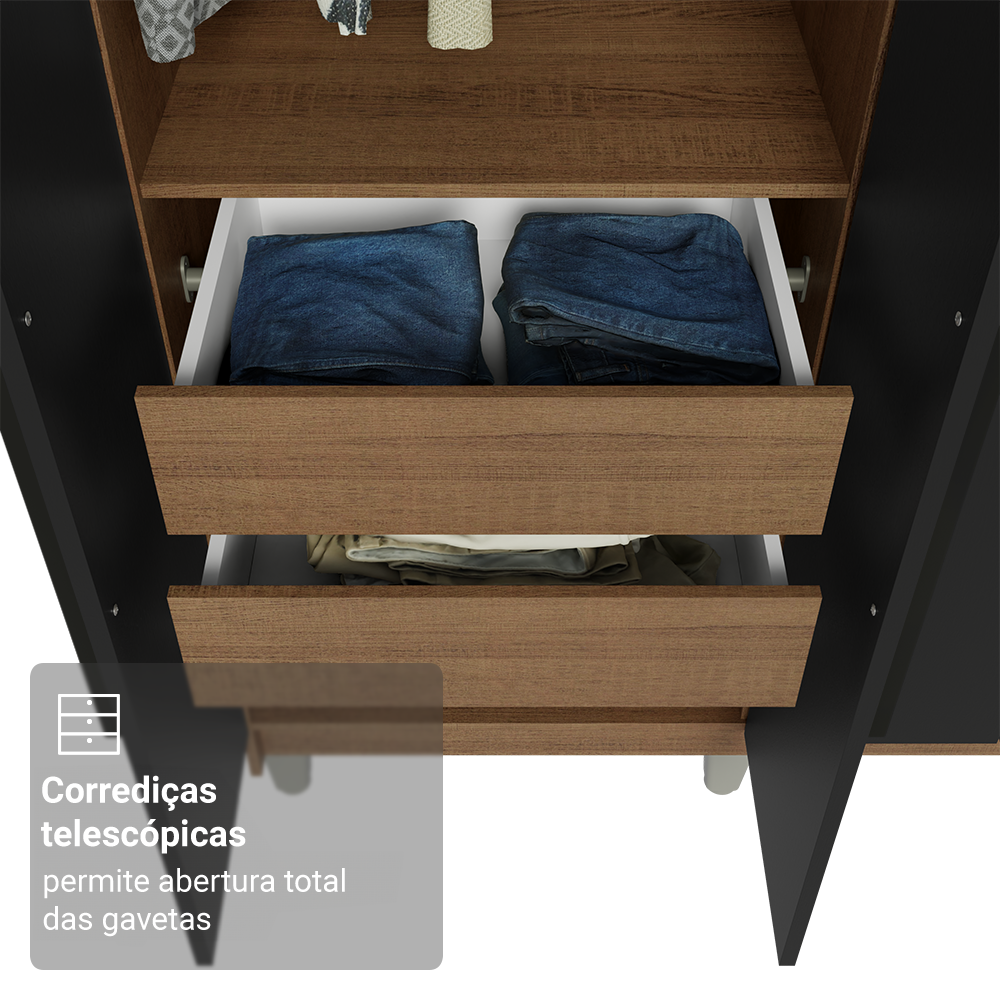 Guarda-Roupa Casal com Pés 8 Portas Batentes com Espelho Rustic/Preto/Preto Venus Madesa