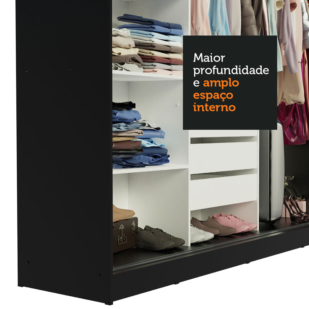 Guarda-Roupa Casal Madesa Istambul 3 Portas de Correr com Espelhos 3 Gavetas Preto