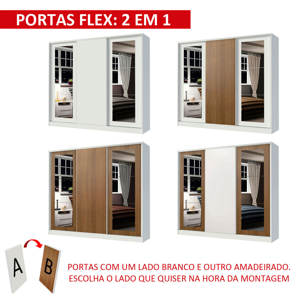 Guarda-Roupa Casal 100% MDF Madesa Eros 3 Portas de Correr com Espelhos Branco