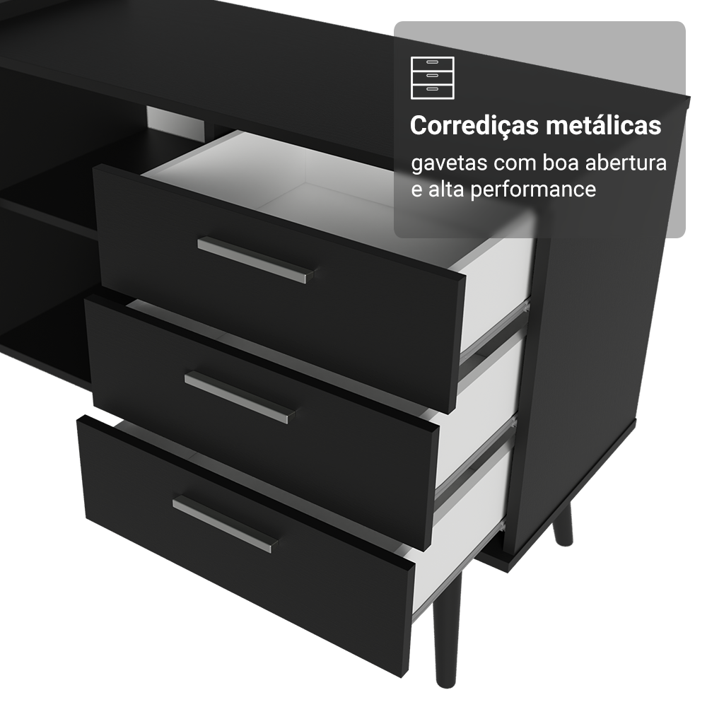 Escrivaninha Mesa de Escritório de Canto 3 Gavetas Preto Lisboa Madesa