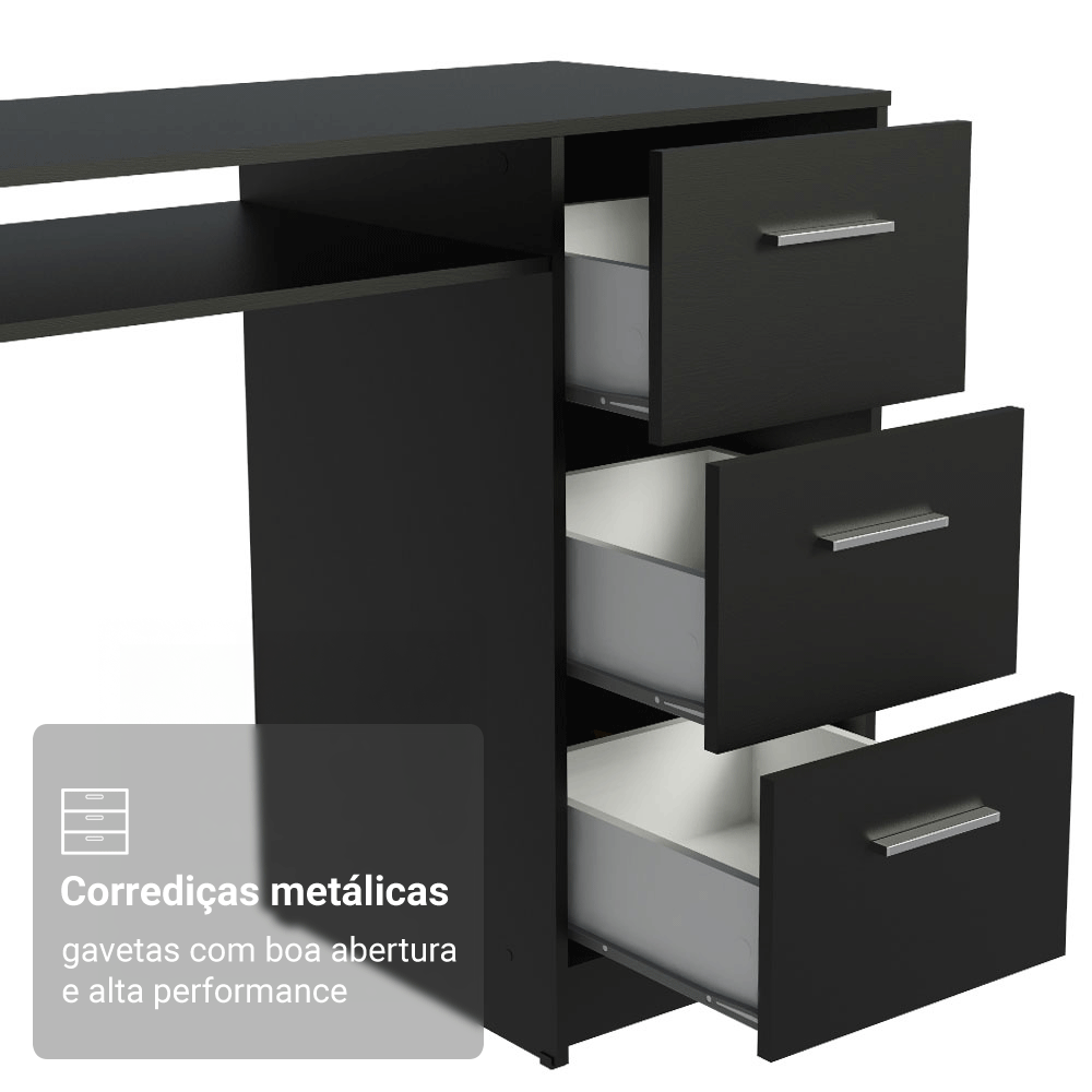 Escrivaninha Madesa Alaska 3 Gavetas 1 Porta Preto
