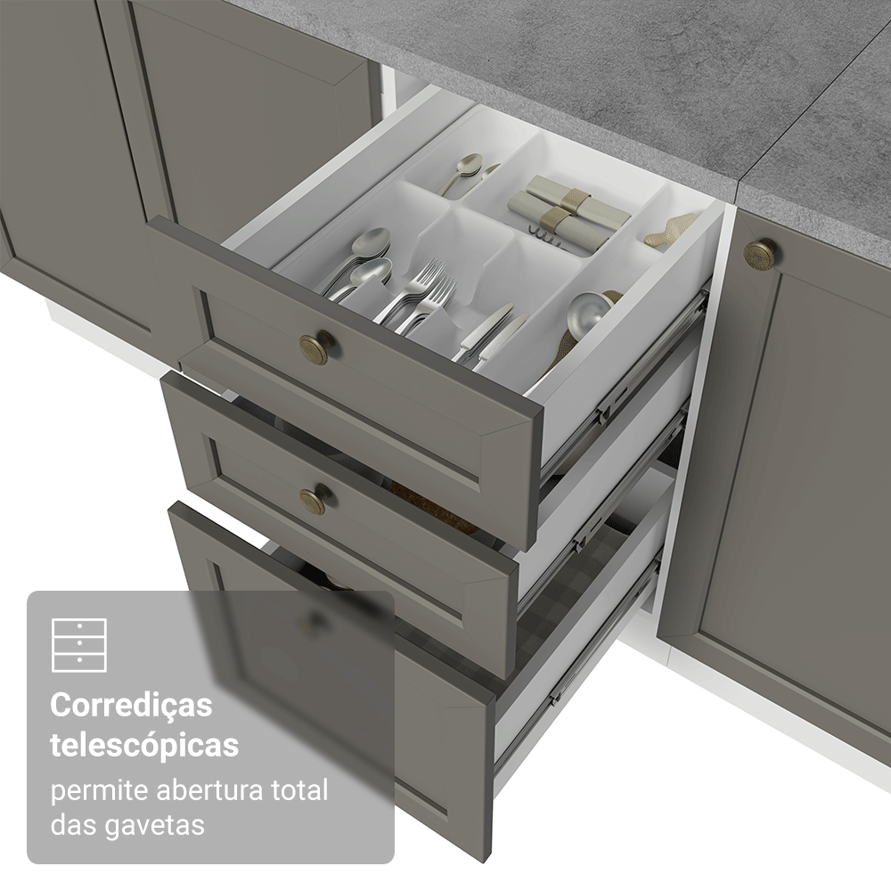 Balcão de Cozinha 120 x 60 cm 2 Portas 3 Gavetas (Com Tampo) Branco/Cinza Vik Madesa