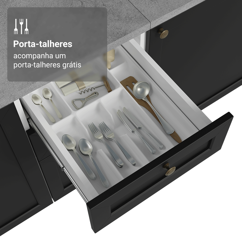 Balcão de Cozinha 40 x 60 cm 3 Gavetas (Sem Tampo) Branco/Preto Vik Madesa