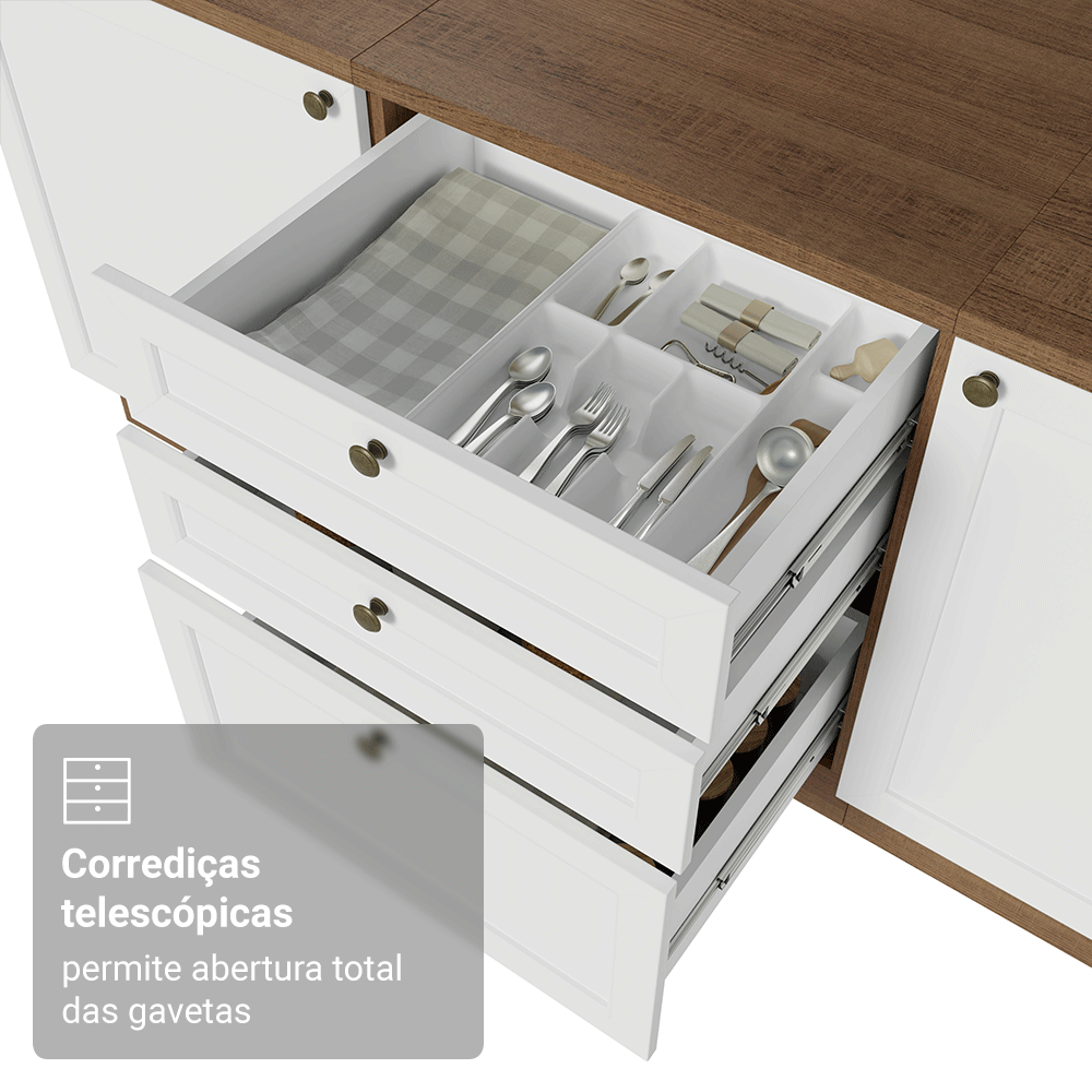 Balcão de Cozinha 60 x 60 cm 3 Gavetas (Com Tampo) Rustic/Branco Vik Madesa