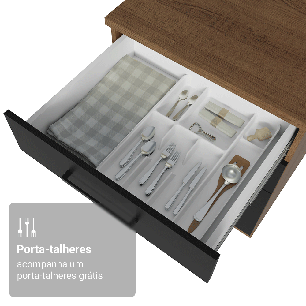 Balcão Madesa Agata 60 x 60 cm 3 Gavetas (Com Tampo) Rustic/Preto