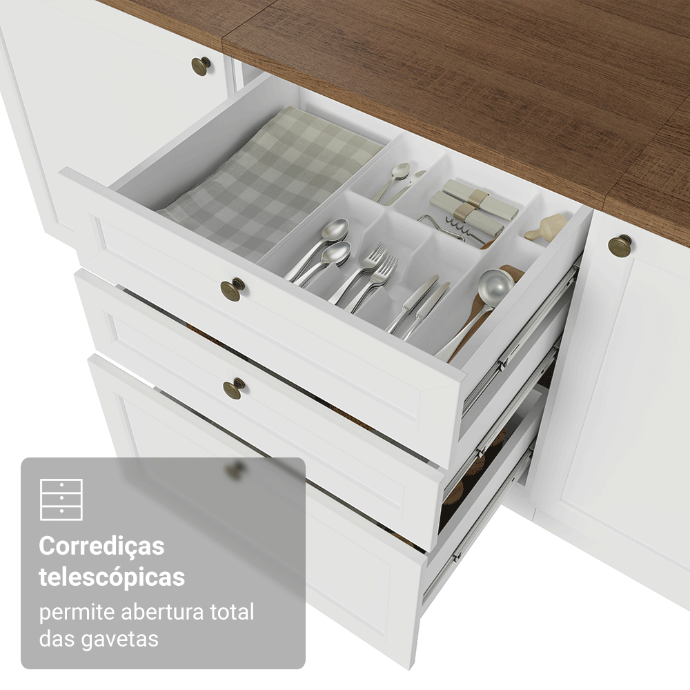 Balcão de Cozinha 60 x 60 cm 3 Gavetas (Com Tampo) Branco/Rustic Vik Madesa