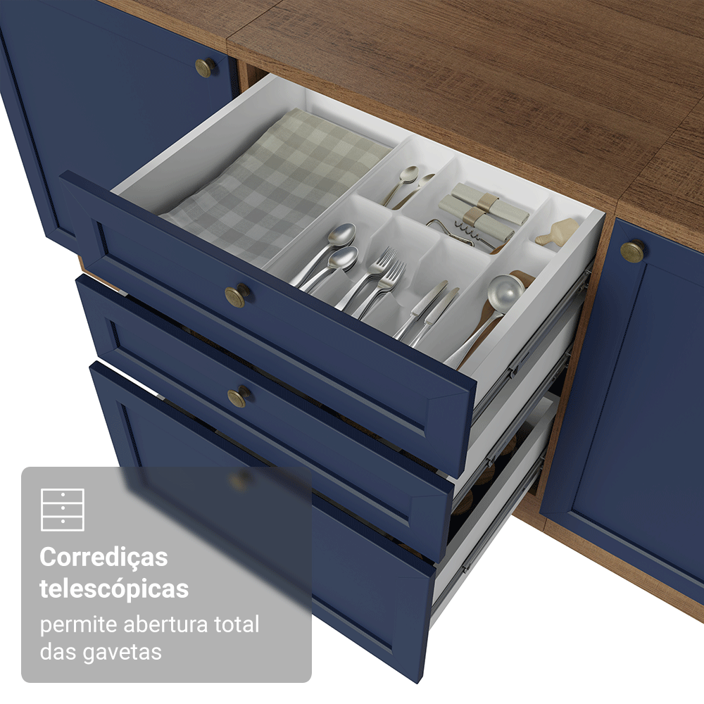 Balcão de Cozinha 60 x 60 cm 3 Gavetas (Sem Tampo) Rustic/Azul Vik Madesa