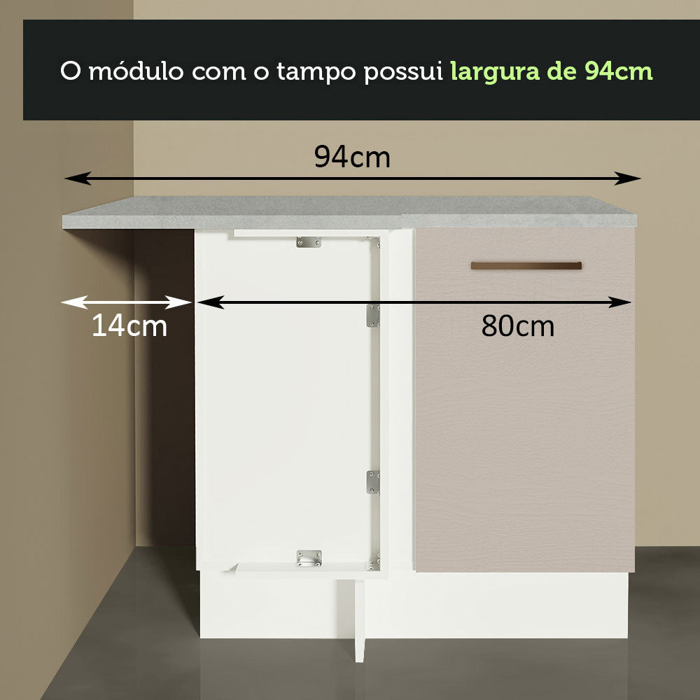 Balcão de Canto 1 Porta 60 cm Profundidade (Com Tampo) Branco/Crema Agata Madesa