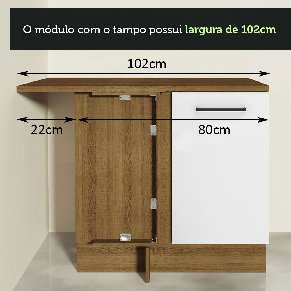 Balcão de Canto Madesa Agata 1 Porta 60 cm Profundidade (Com Tampo)  Rustic/Branco