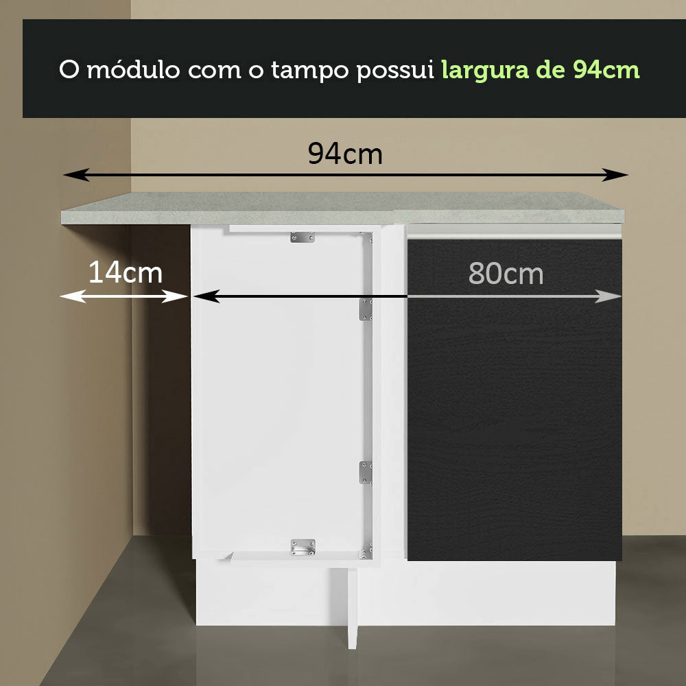 Balcão Cozinha de Canto 1 Porta 60 cm Profundidade (Sem Tampo) Branco/Preto Glamy Madesa