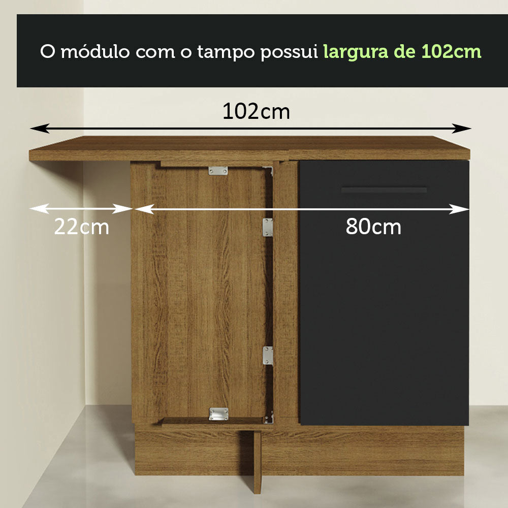 Balcão de Canto Madesa Agata 1 Porta 60 cm Profundidade (Com Tampo) Rustic/Preto