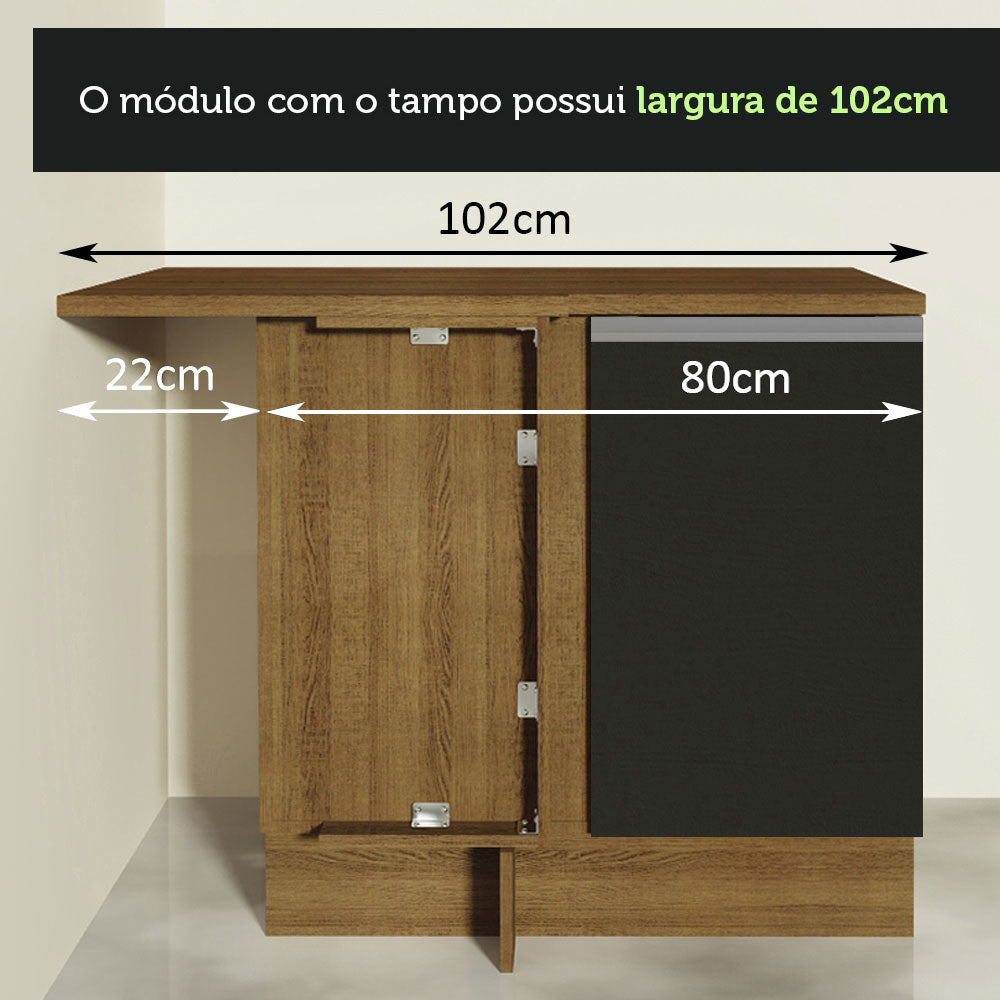 Balcão de Canto Madesa Glamy 1 Porta 60 cm Profundidade (Com Tampo) Rustic/Preto