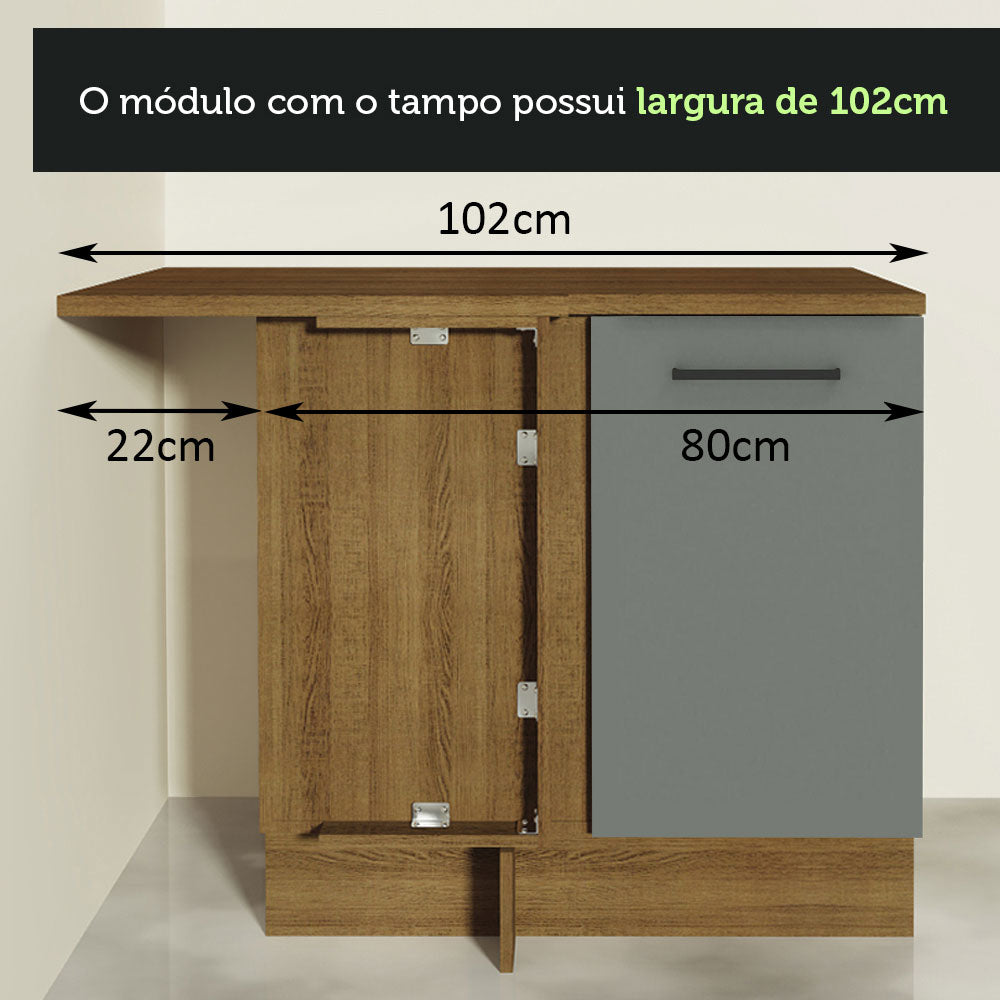 Balcão de Canto Madesa Agata 1 Porta 60 cm Profundidade (Com Tampo) Rustic/Cinza