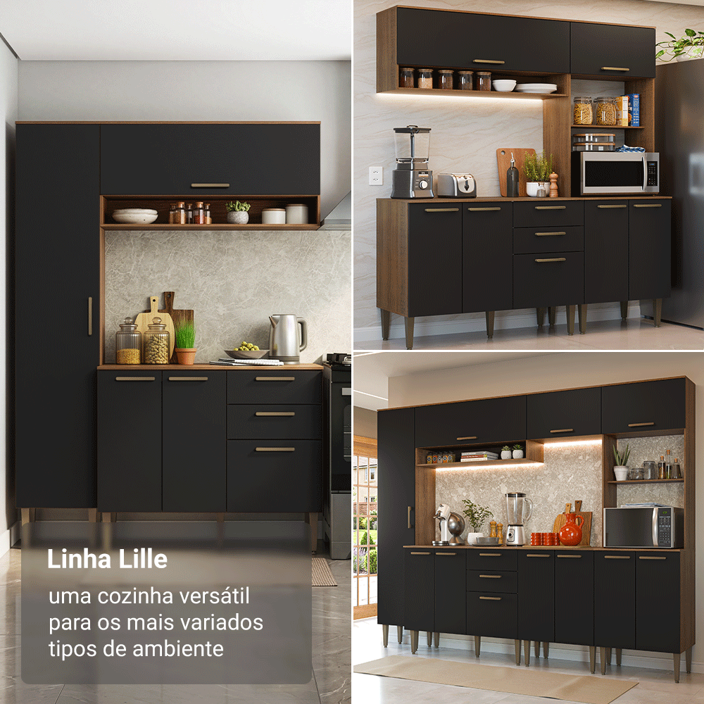 Balcão de Cozinha com Pia 105 cm 3 Portas 2 Gavetas Rustic/Preto Lille Madesa