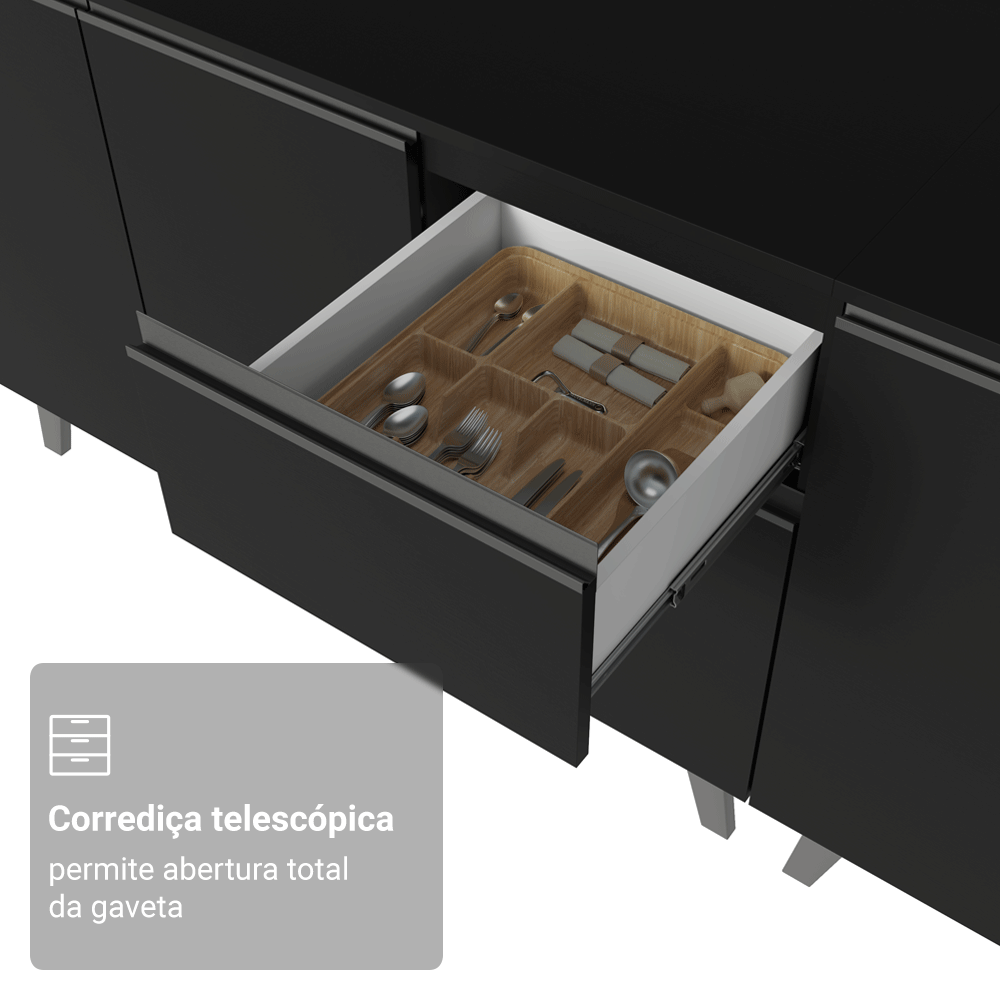 Balcão de Cozinha 120 cm 3 Portas 1 Gaveta Com Pés Preto Nice Madesa