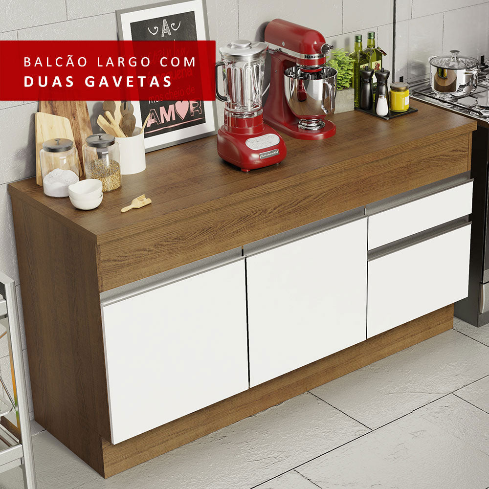 Balcão Madesa Glamy 150 cm 2 Portas e 2 Gavetas (Com Tampo) Rustic/Branco