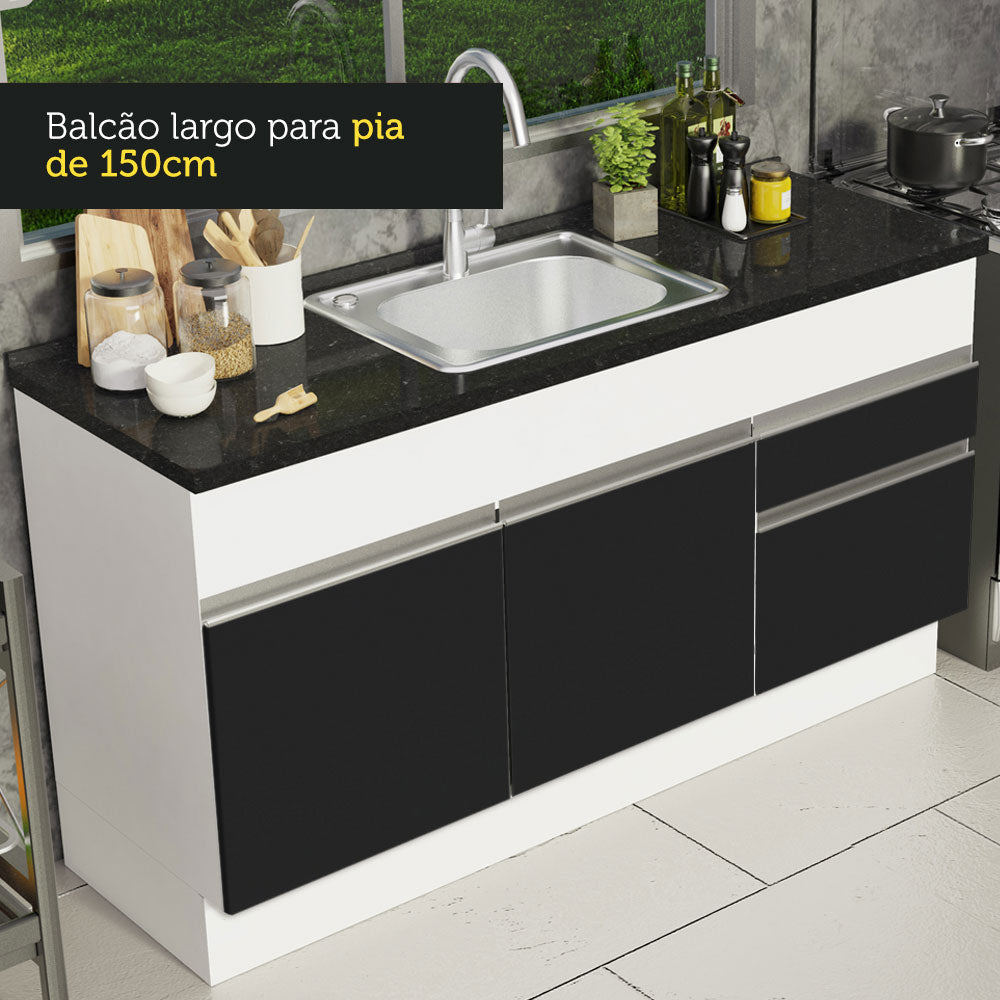 Balcão de Pia Madesa Glamy 150 cm 2 Portas e 2 Gavetas (Sem Tampo e Pia) Branco/Preto
