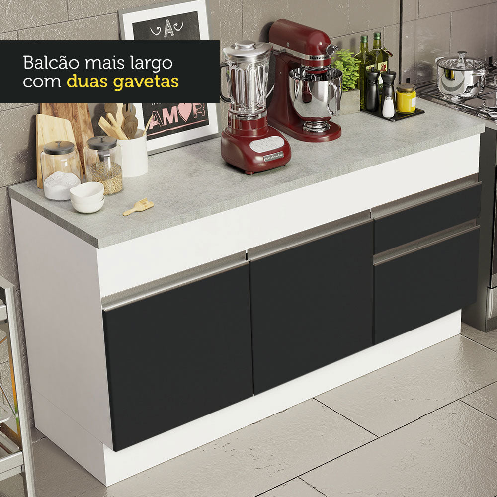 Balcão Madesa Glamy 150 cm 2 Portas e 2 Gavetas (Com Tampo) Branco/Preto